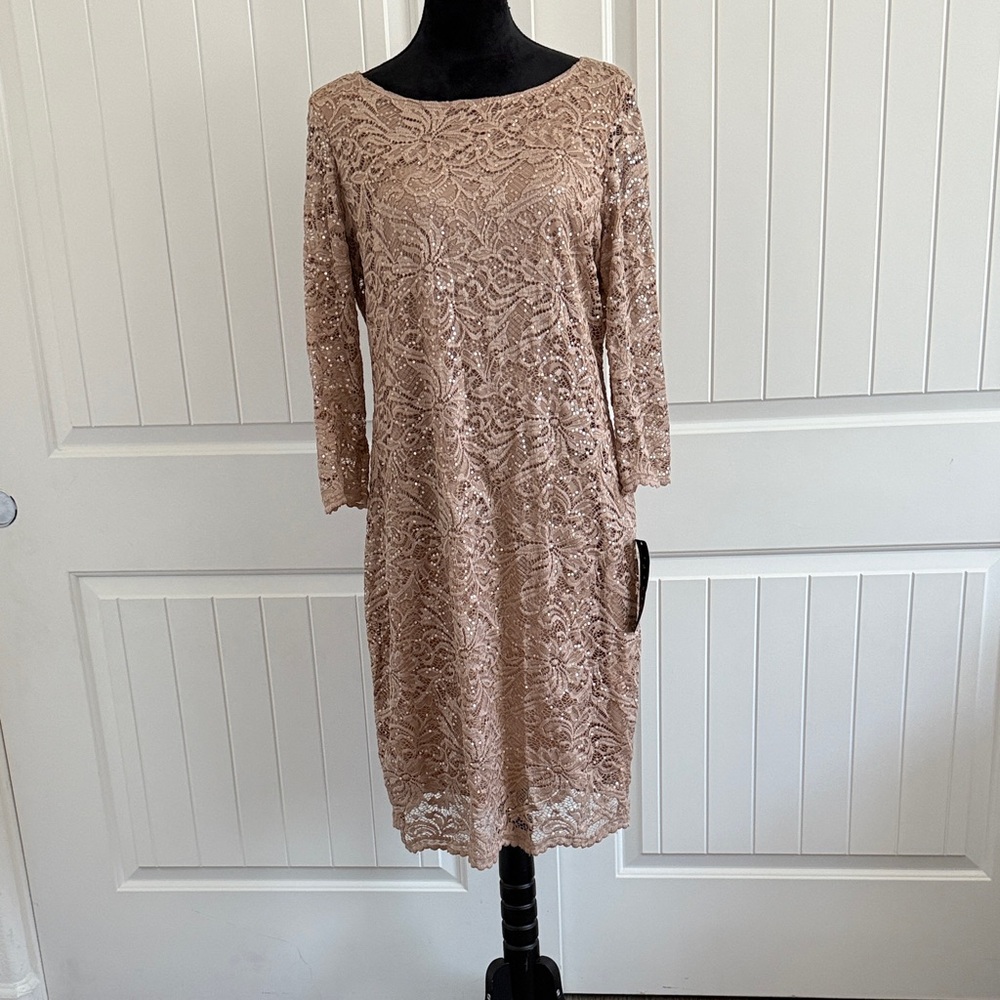 Tiana B. Elegant Lace Long Sleeve Dress in Tan